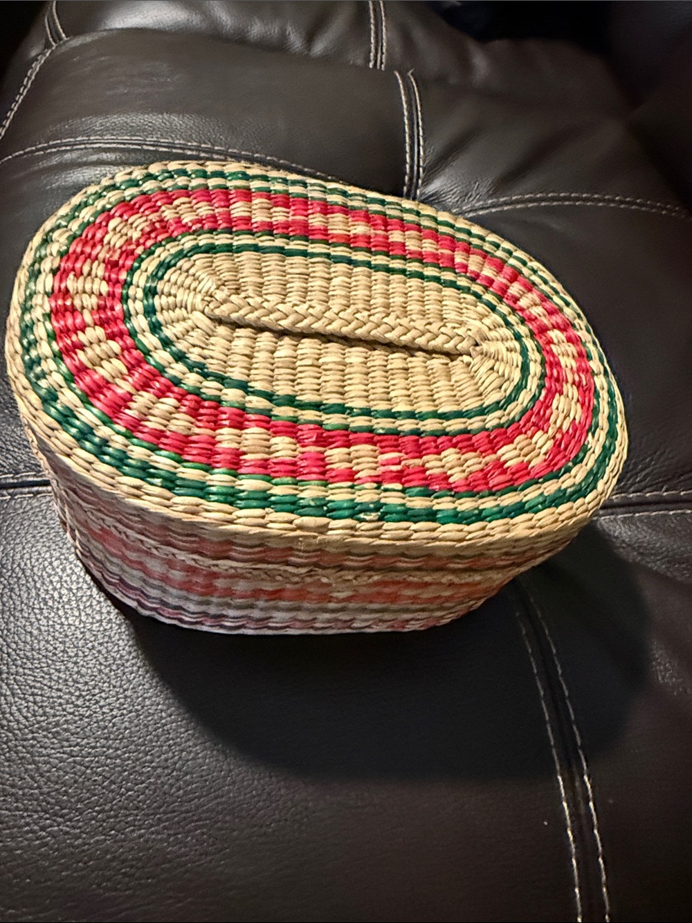 Handwoven Oval Straw Basket with Red and Green Accents
